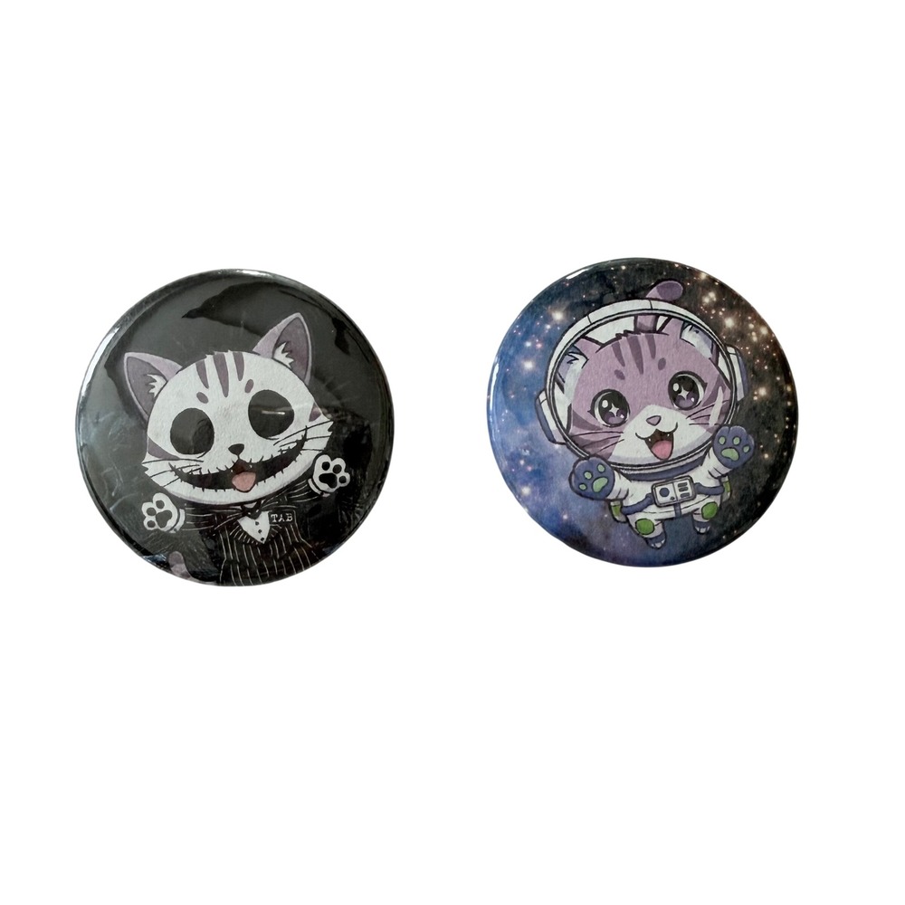 Cute Cat Pinback Buttons Set of 2 Skeleton Goth & Astronaut Space Cat 1.5"